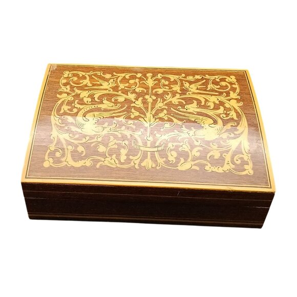 Wooden Jewelry Trinket Box with Intricate Inlay Design - Picture 1 of 3